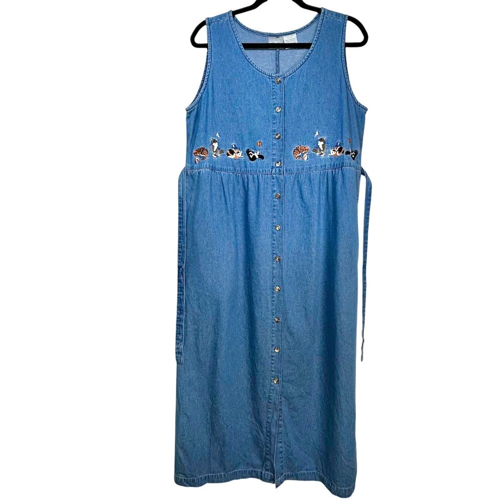 Vintage 90s Kittycore Cat Lady Twee Denim Dress Cottage Granny Kawaii Artsy MED - Picture 4 of 10